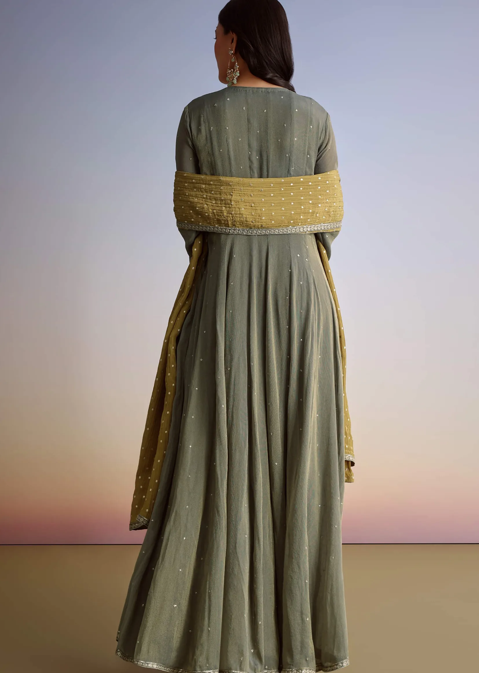 Greenish Grey Crush Tissue Anarkali Suit With Sequins Work