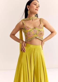 Greenish Yellow Crepe Croptop Dupatta And Palazzo Suit With Resham Zardosi Work