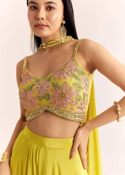 Greenish Yellow Crepe Croptop Dupatta And Palazzo Suit With Resham Zardosi Work