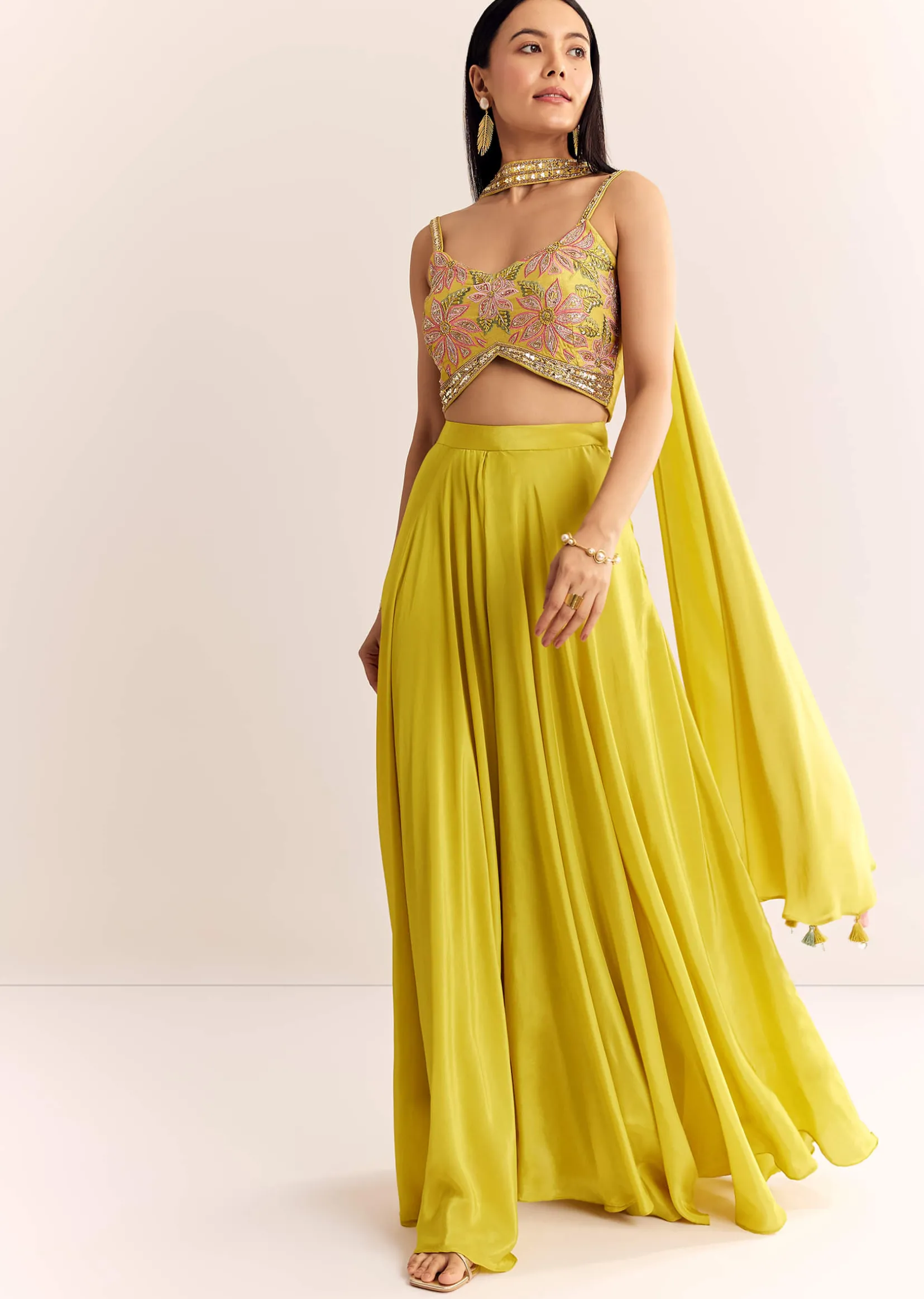 Greenish Yellow Crepe Croptop Dupatta And Palazzo Suit With Resham Zardosi Work