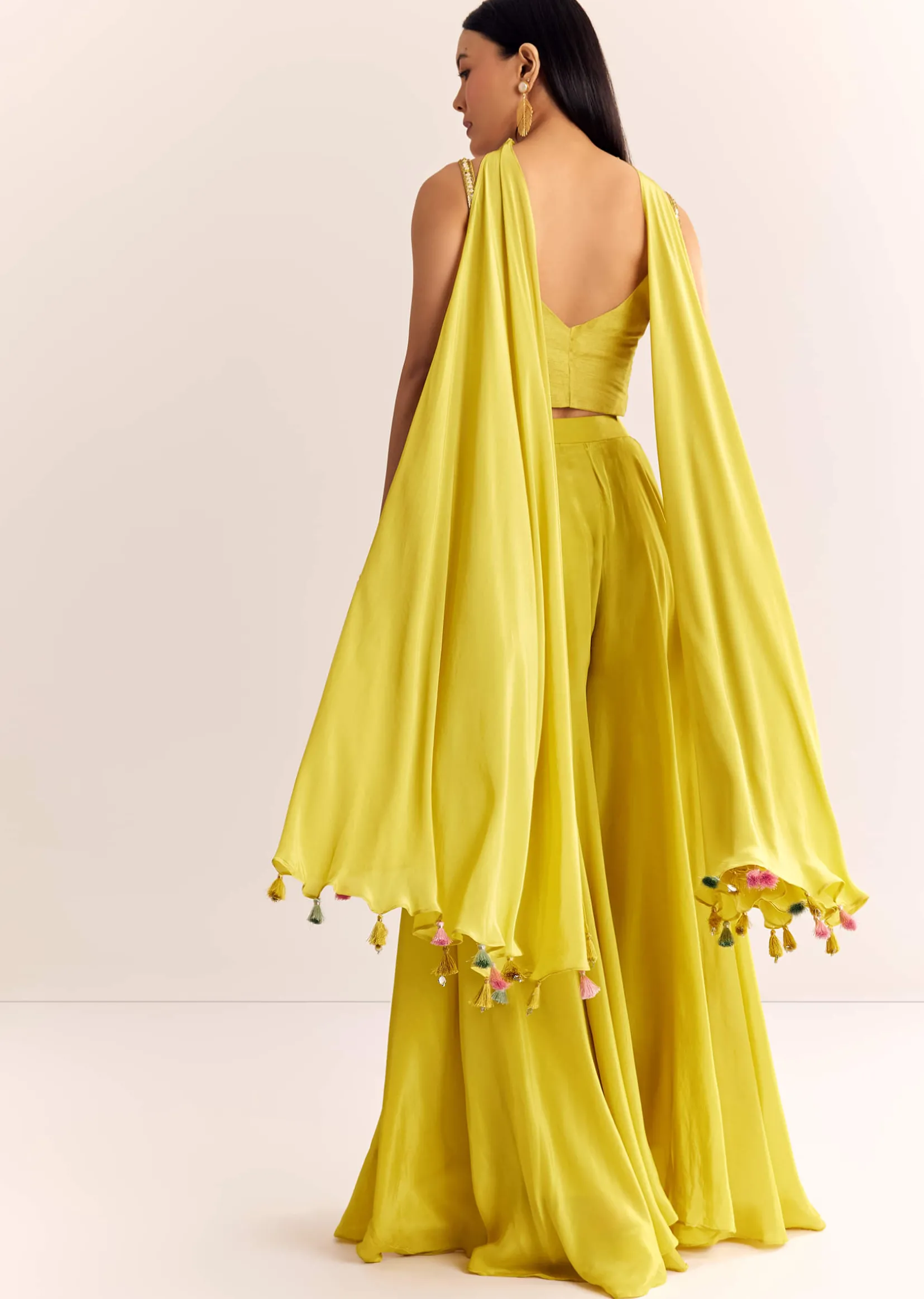 Greenish Yellow Crepe Croptop Dupatta And Palazzo Suit With Resham Zardosi Work
