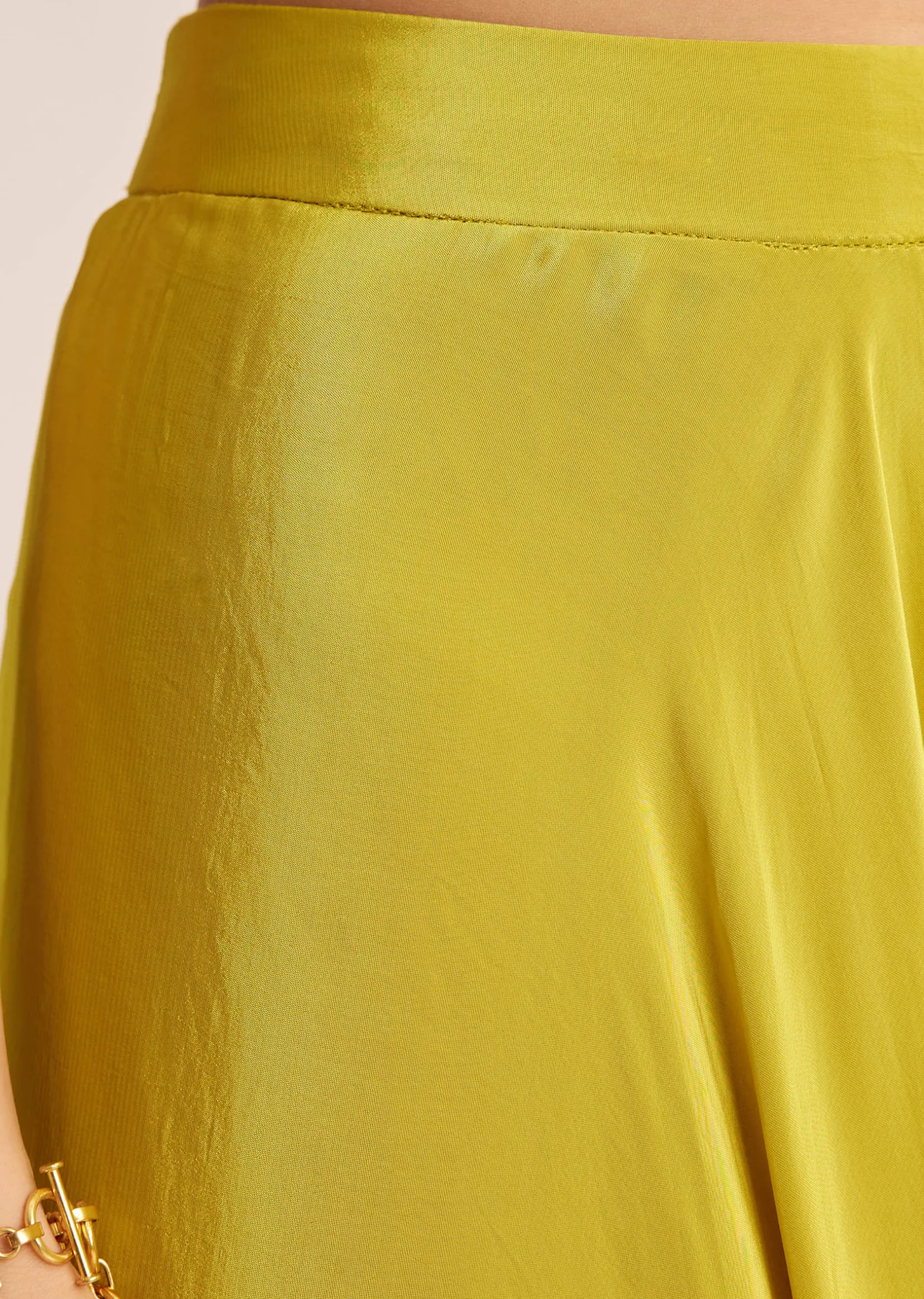 Greenish Yellow Crepe Croptop Dupatta And Palazzo Suit With Resham Zardosi Work