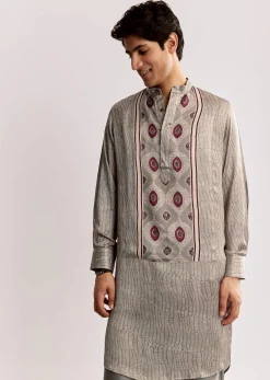 Grey Ajrakh Printed Kurta Set In Silk