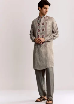 Grey Ajrakh Printed Kurta Set In Silk