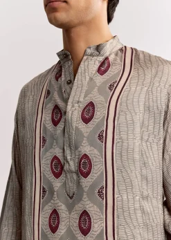 Grey Ajrakh Printed Kurta Set In Silk