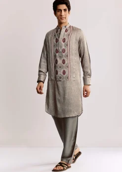 Grey Ajrakh Printed Kurta Set In Silk