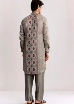 Grey Ajrakh Printed Kurta Set In Silk
