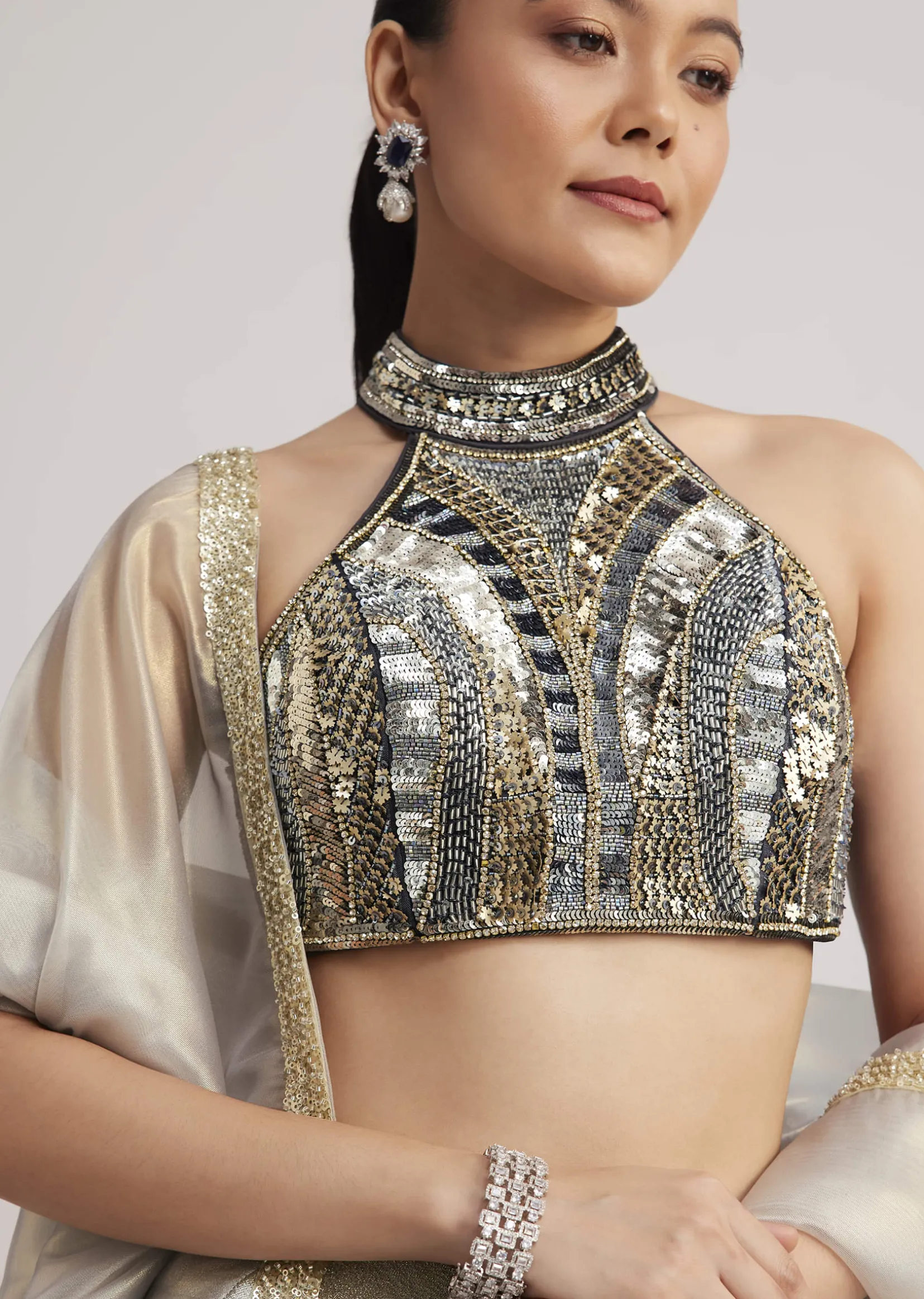 Grey And Gold Net Embroidered Lehenga Set