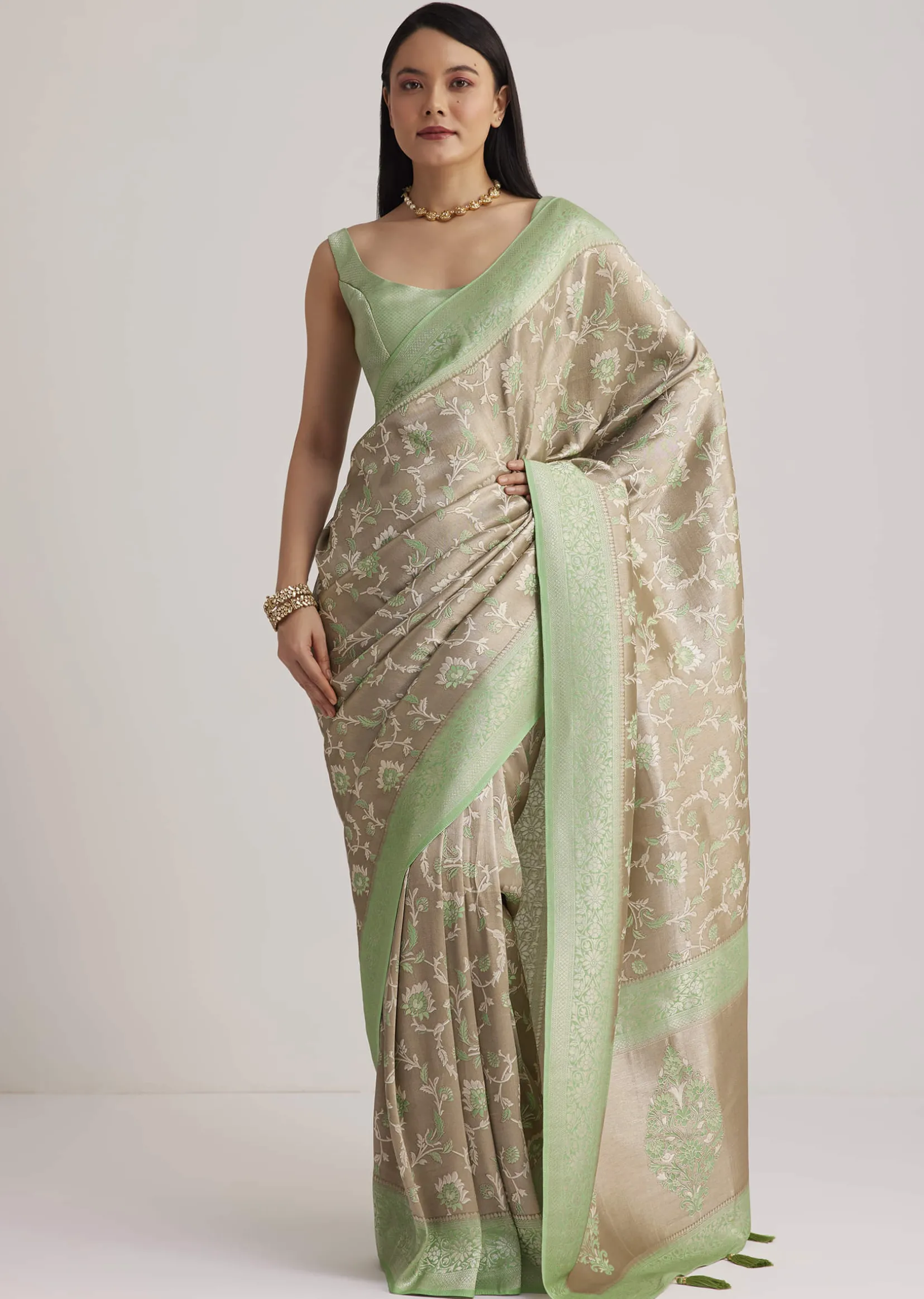 Grey And Light Green Tissue Silk Saree With Floral Jaal Work