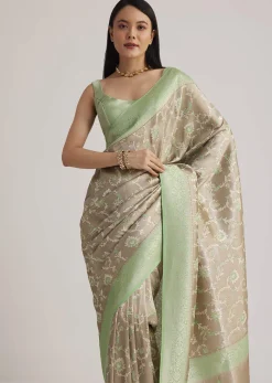 Grey And Light Green Tissue Silk Saree With Floral Jaal Work