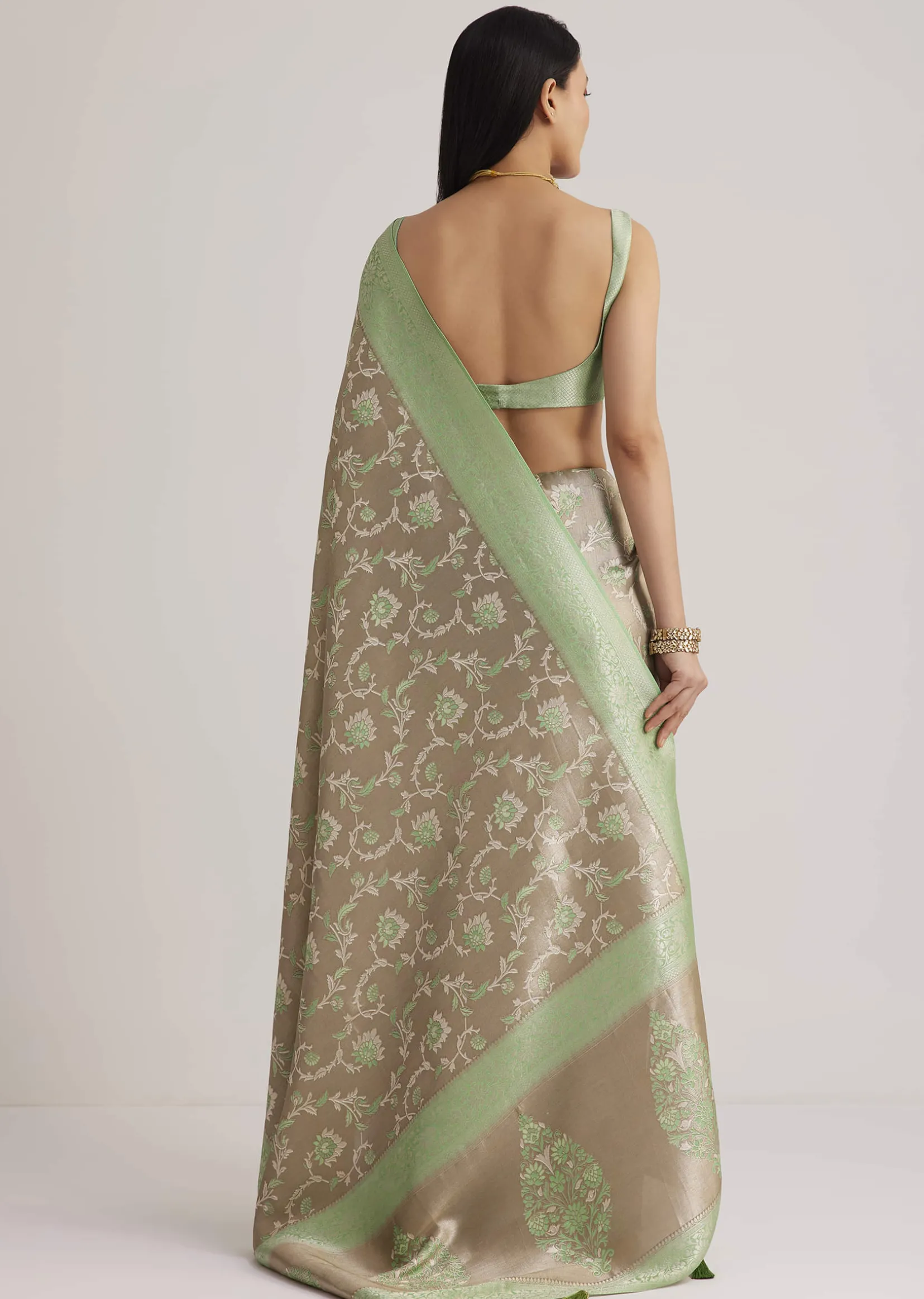 Grey And Light Green Tissue Silk Saree With Floral Jaal Work