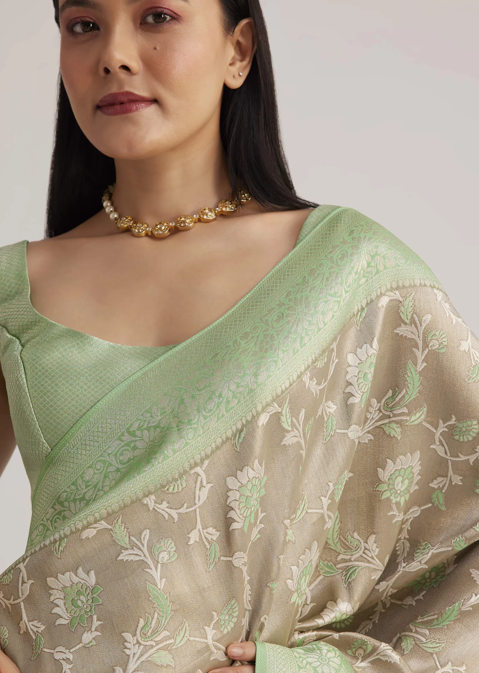 Grey And Light Green Tissue Silk Saree With Floral Jaal Work