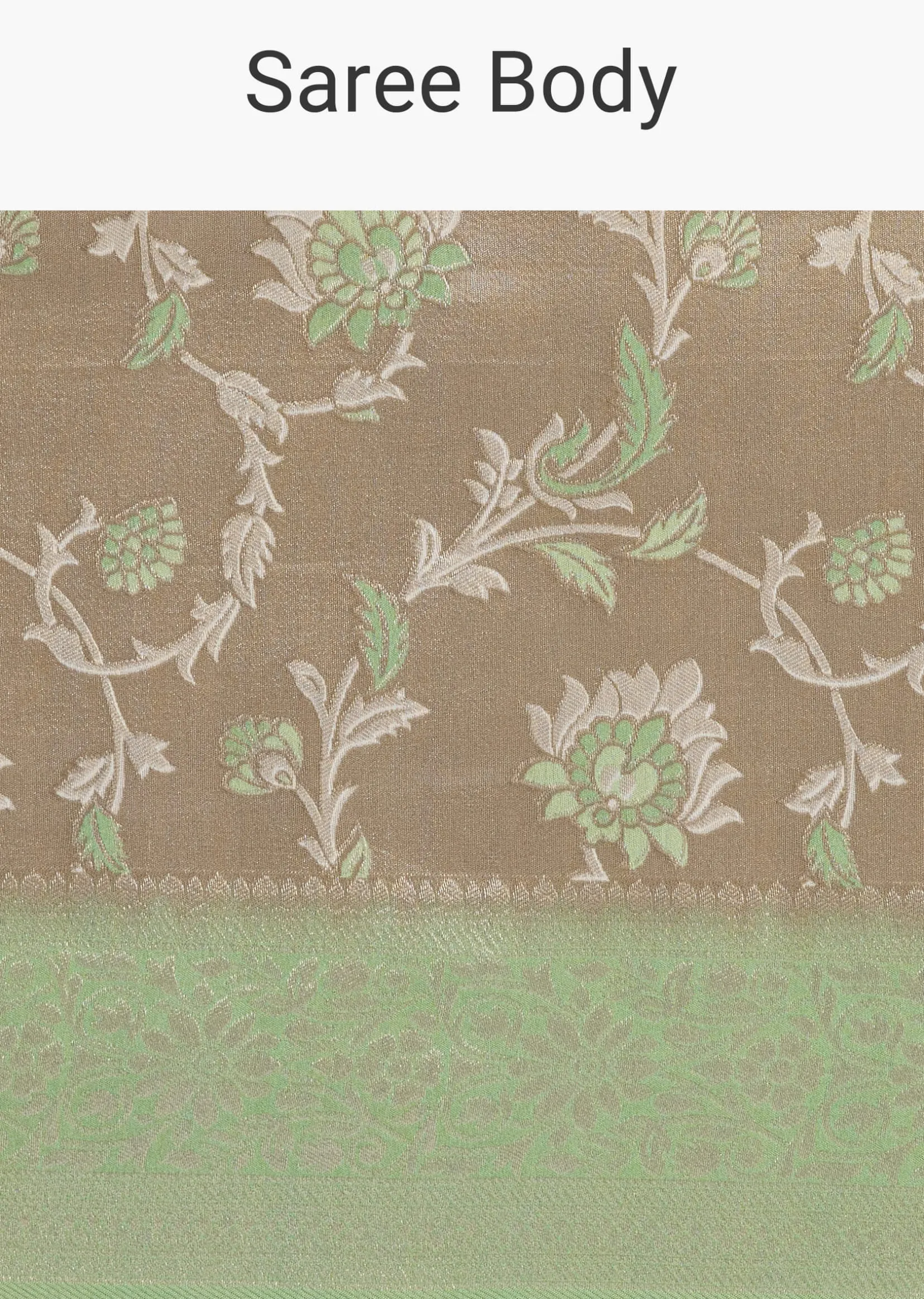Grey And Light Green Tissue Silk Saree With Floral Jaal Work