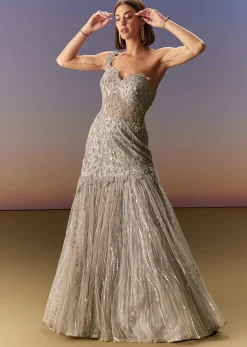 Grey Backless Gown With One Shoulder Bodice And Sculpted Fit