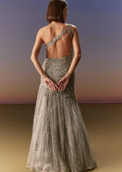 Grey Backless Gown With One Shoulder Bodice And Sculpted Fit