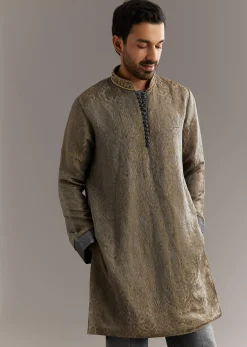 Grey Banarasi Tussar Kurta Set With Contrast Rust Embroidery