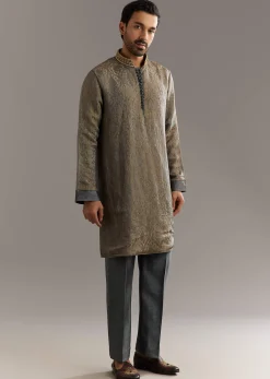 Grey Banarasi Tussar Kurta Set With Contrast Rust Embroidery