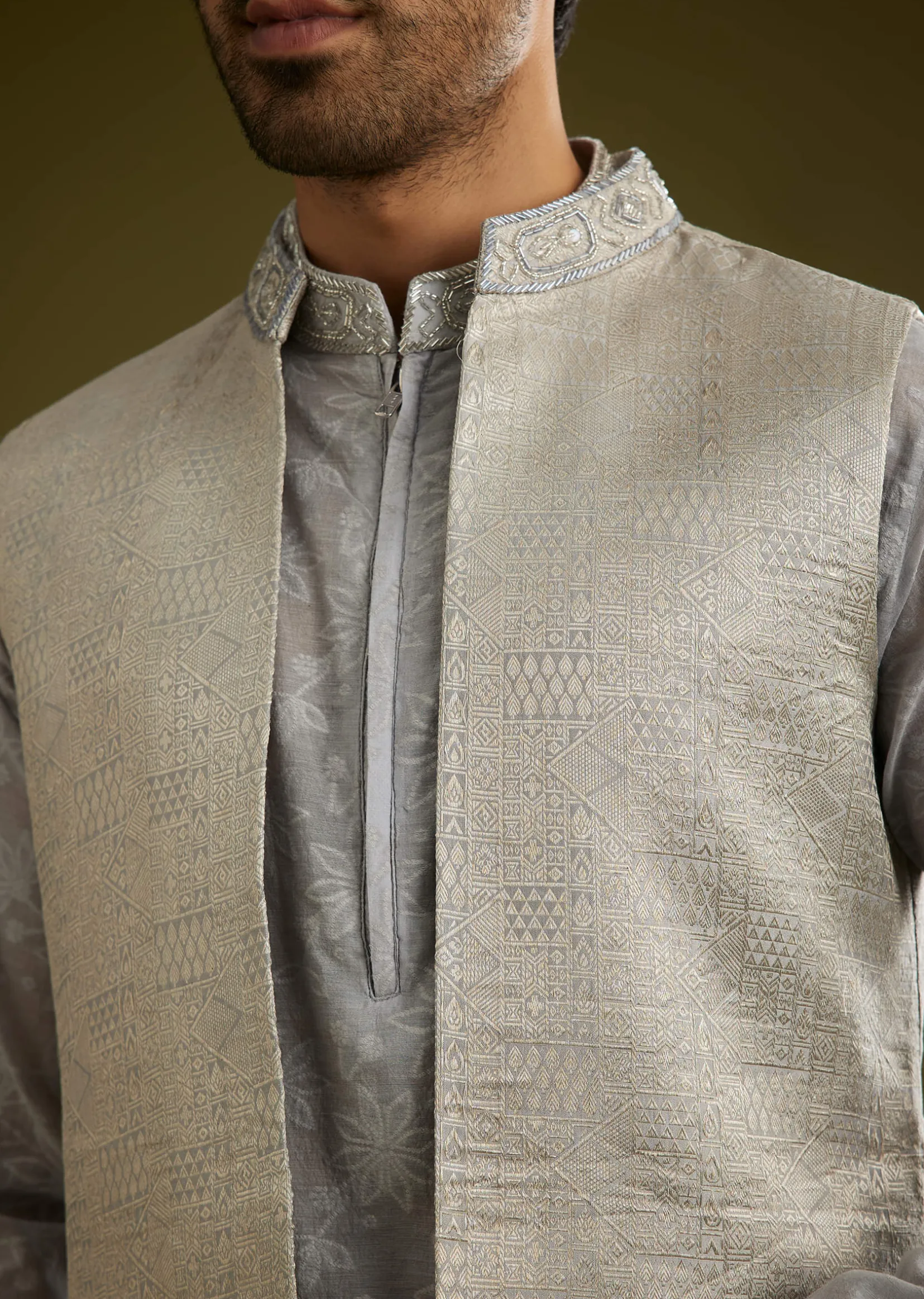 Grey Banarsi Silk Kurta Jacket Set With Hand Work