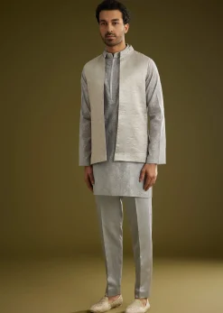Grey Banarsi Silk Kurta Jacket Set With Hand Work
