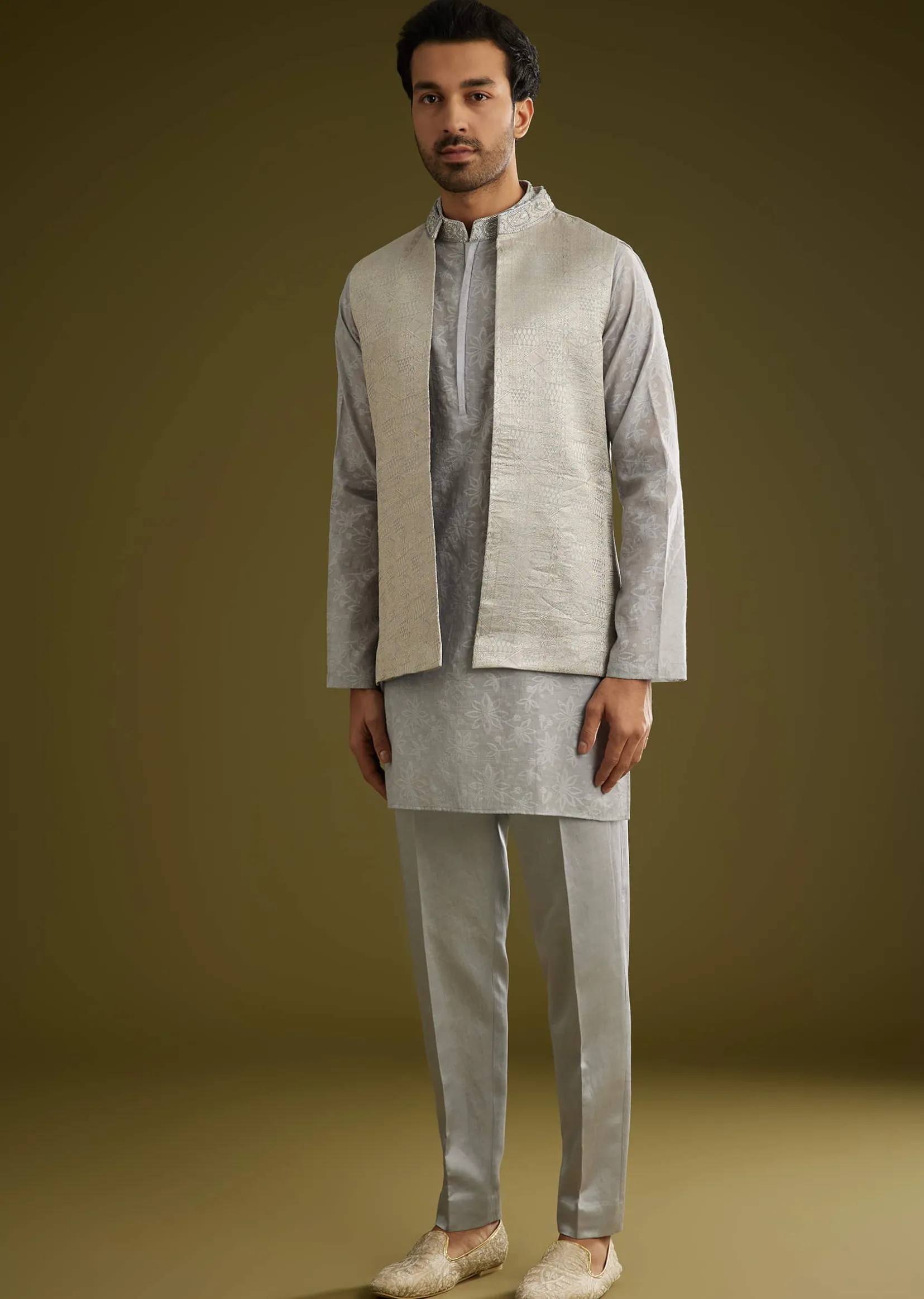 Grey Banarsi Silk Kurta Jacket Set With Hand Work