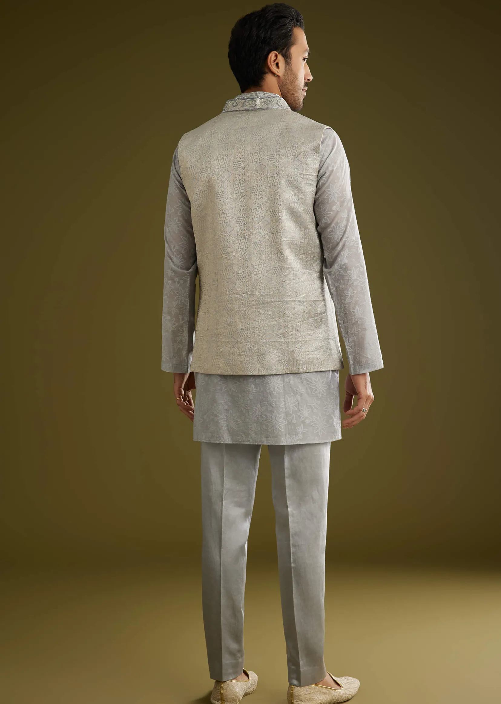 Grey Banarsi Silk Kurta Jacket Set With Hand Work