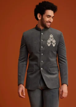 Grey Bandhgala With Embroidered Crest