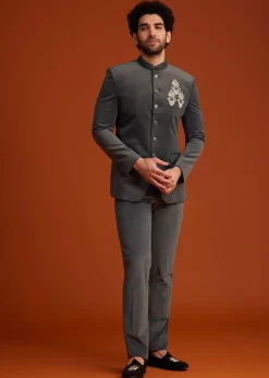 Grey Bandhgala With Embroidered Crest