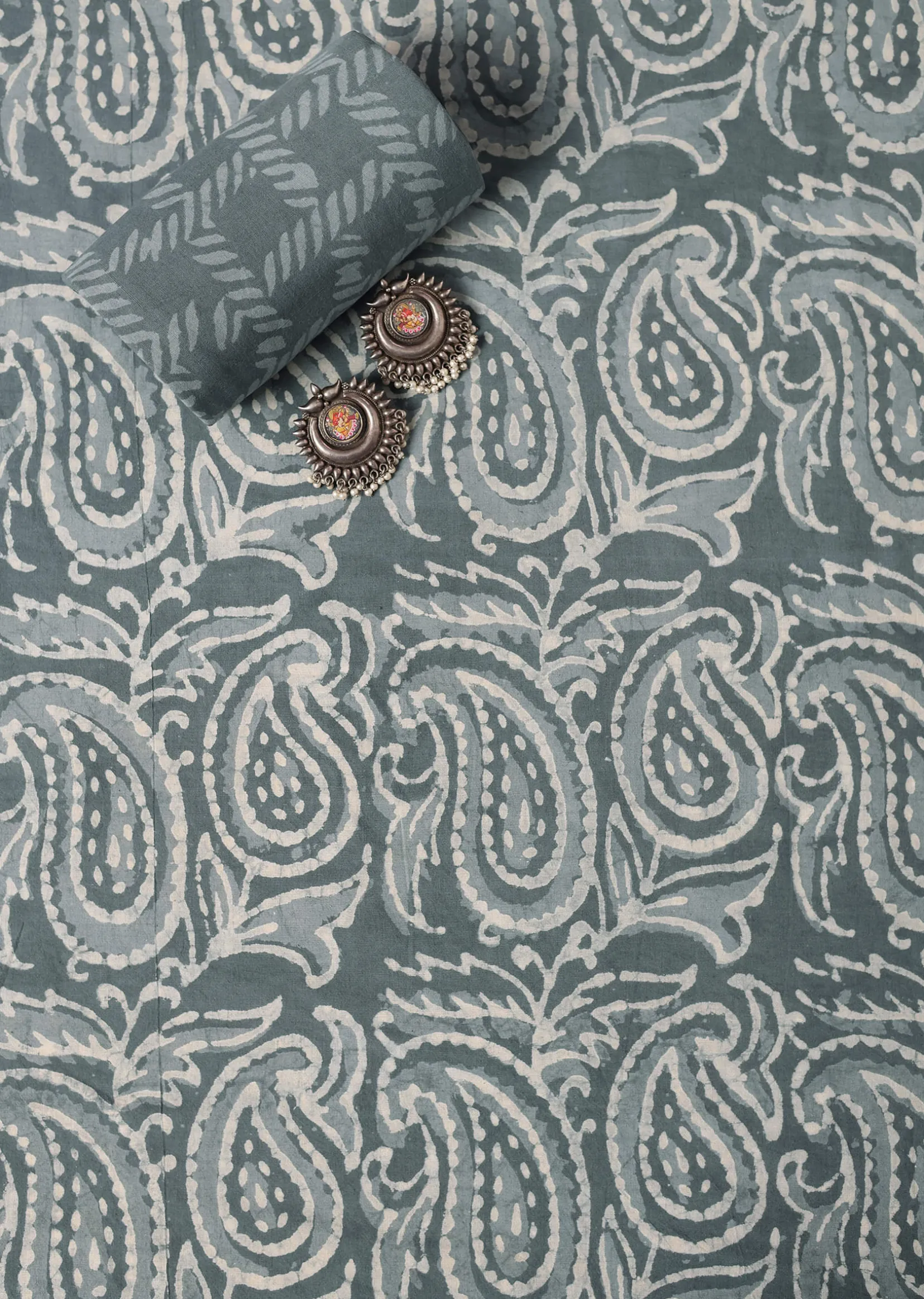 Grey Batik Hand Block Printed Cotton Dress Material