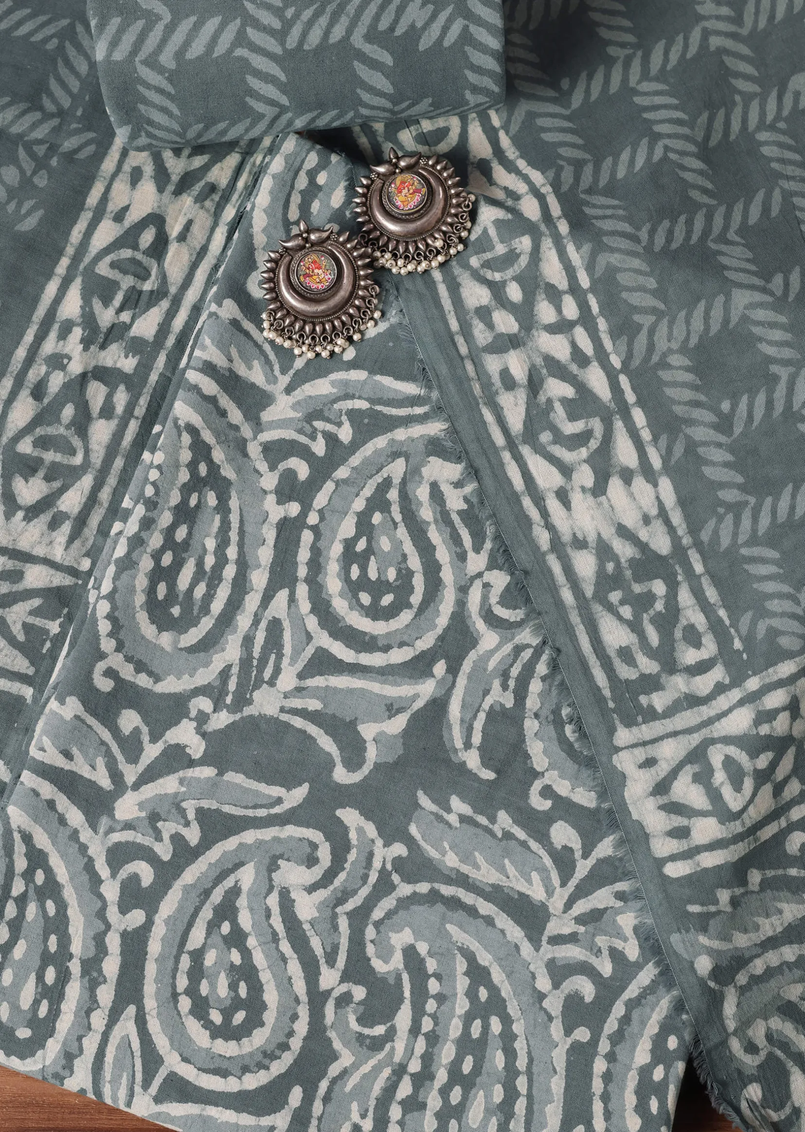 Grey Batik Hand Block Printed Cotton Dress Material