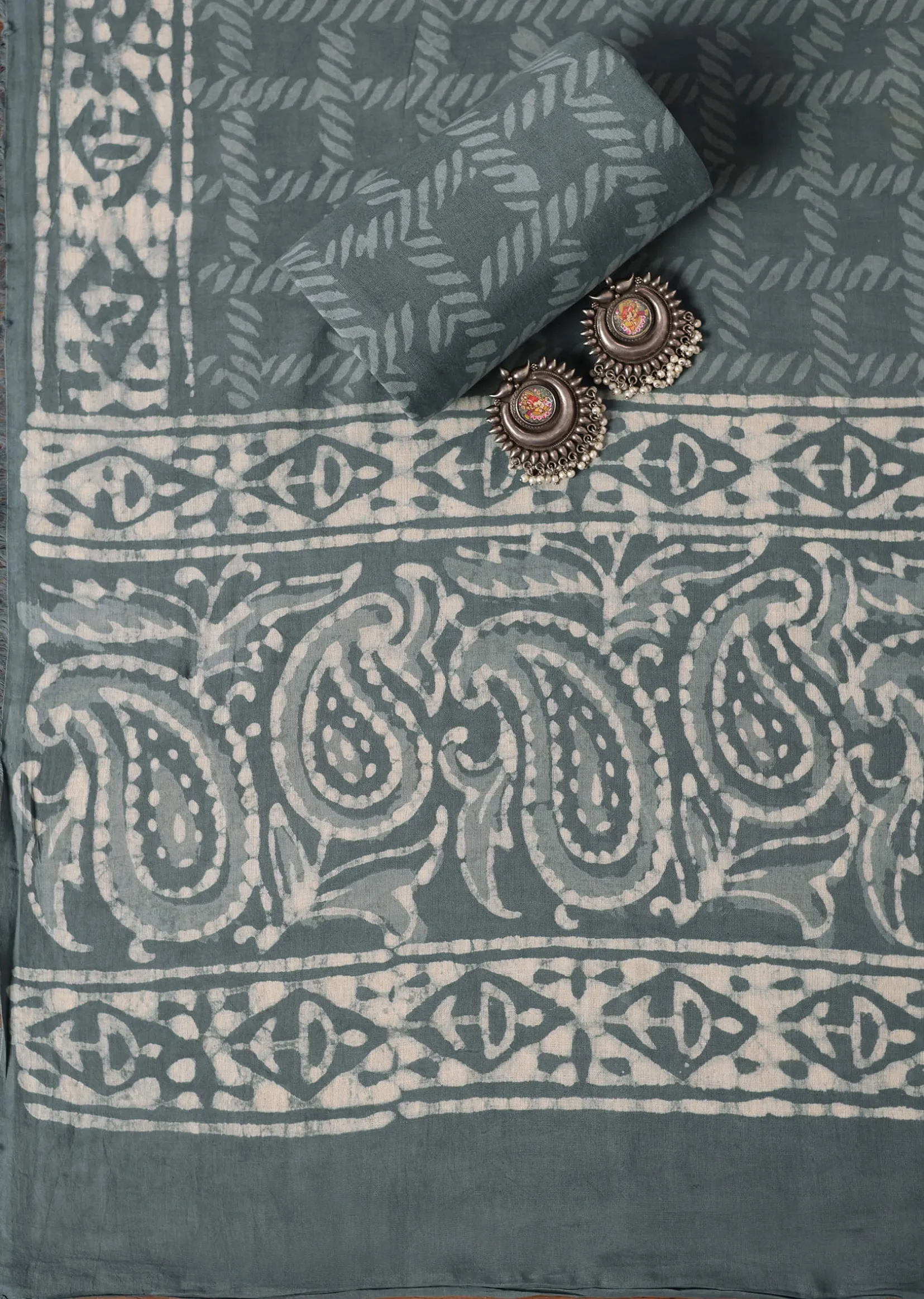 Grey Batik Hand Block Printed Cotton Dress Material