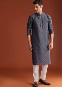 Grey Benaras Jacquard Kurta Set With Butti Print