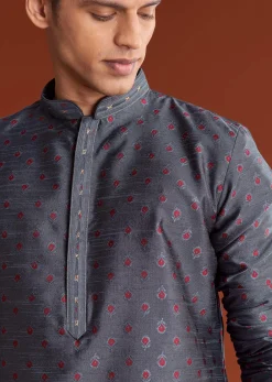 Grey Benaras Jacquard Kurta Set With Butti Print