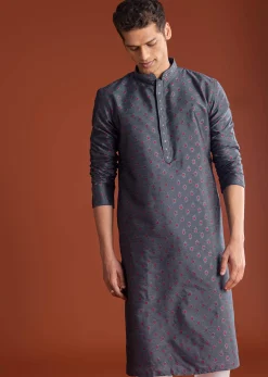 Grey Benaras Jacquard Kurta Set With Butti Print