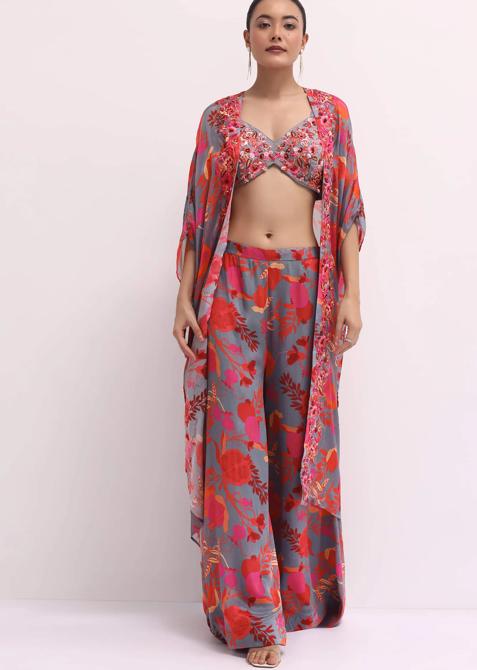Grey Chiffon Palazzo Set With Jacket