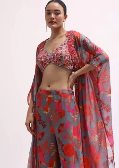 Grey Chiffon Palazzo Set With Jacket