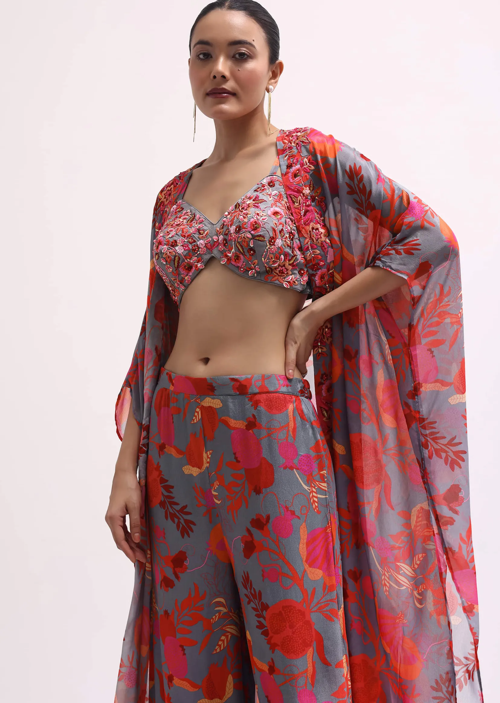 Grey Chiffon Palazzo Set With Jacket