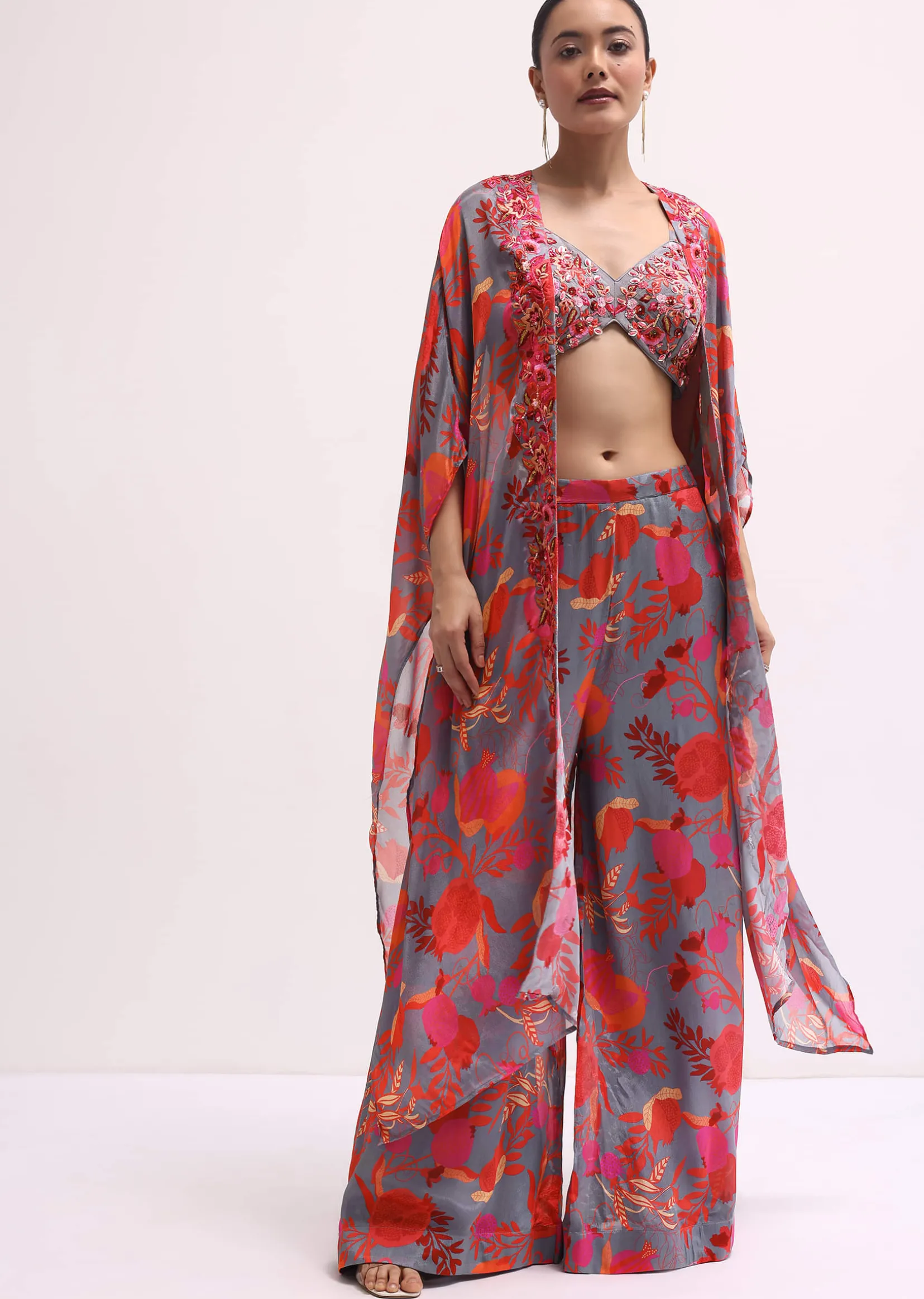 Grey Chiffon Palazzo Set With Jacket