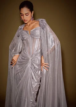 Grey Corset Drape Gown Paired With Embroidered Cape