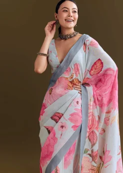 Grey Cotton Linen Saree With Floral Print