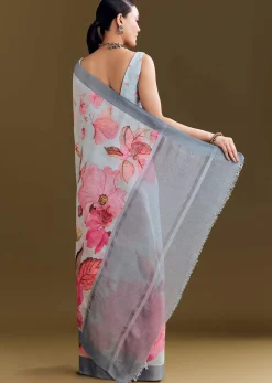Grey Cotton Linen Saree With Floral Print