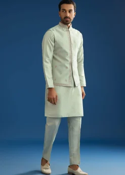 Grey Cotton Silk Kurta Jacket Set With Mirror Embroidery