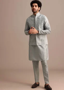 Grey Cotton Silk Kurta Jacket Set With Resham And Mirror Work