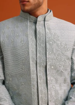 Grey Cotton Silk Sherwani Set With Resham Work