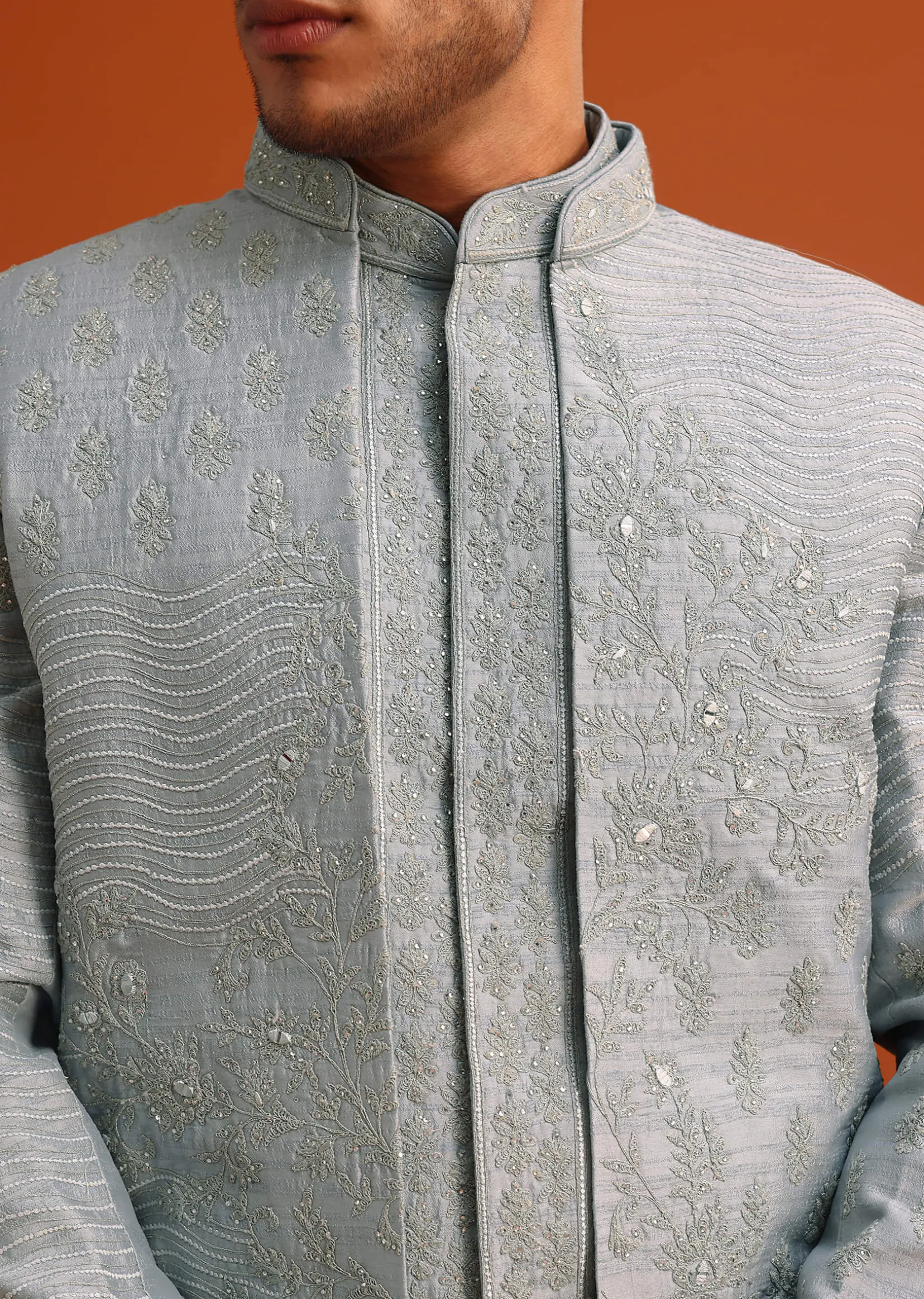 Grey Cotton Silk Sherwani Set With Resham Work