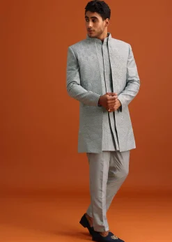 Grey Cotton Silk Sherwani Set With Resham Work