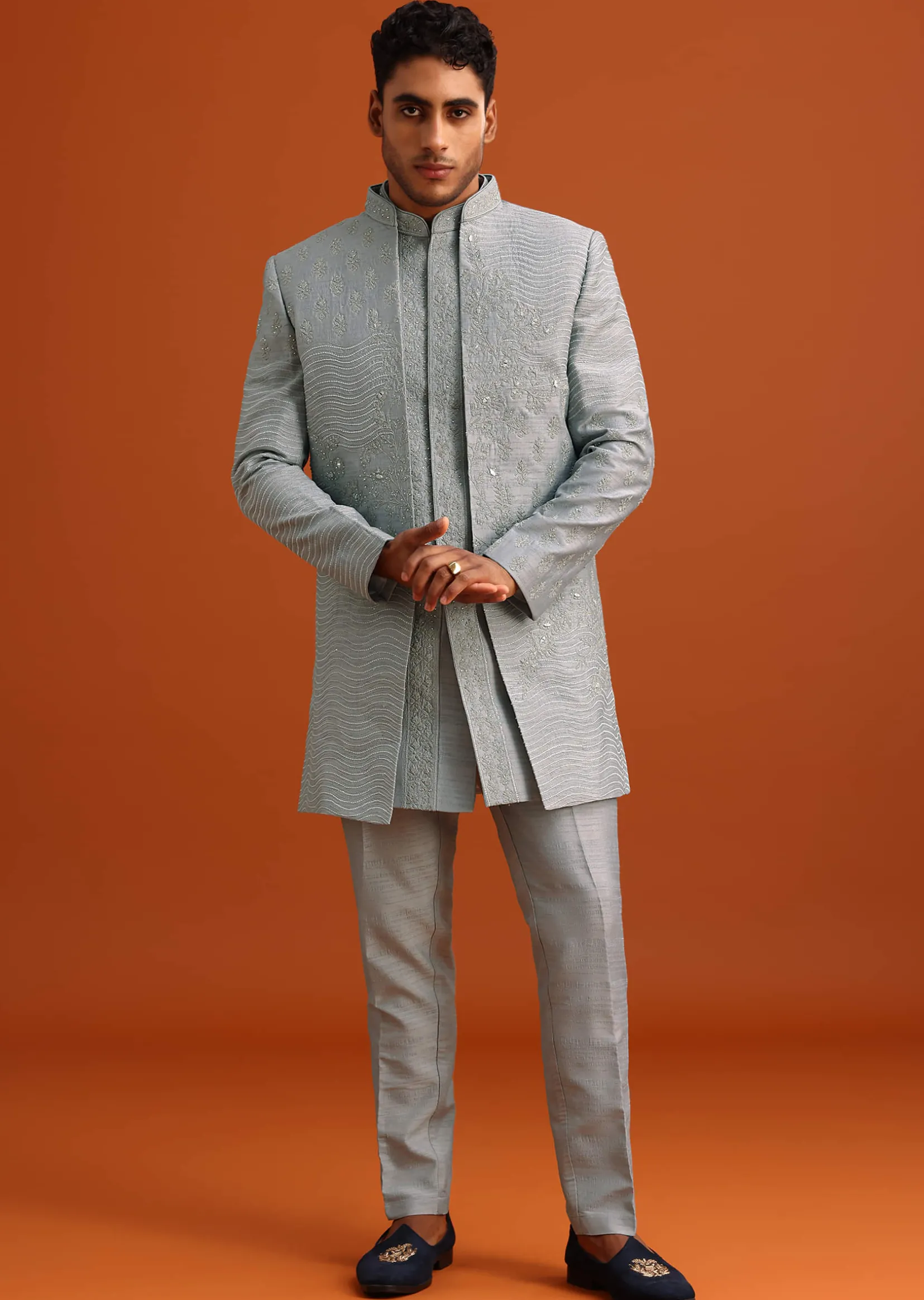 Grey Cotton Silk Sherwani Set With Resham Work