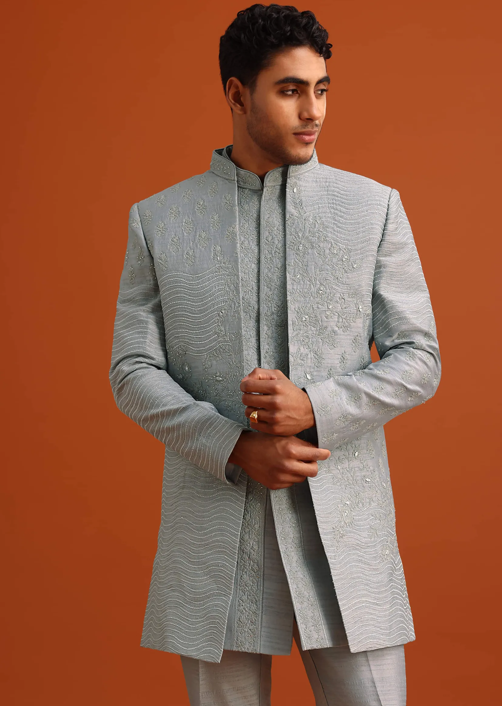 Grey Cotton Silk Sherwani Set With Resham Work