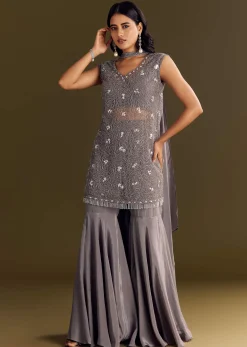 Grey Crepe Kurta Sharara With Net Choker Dupatta