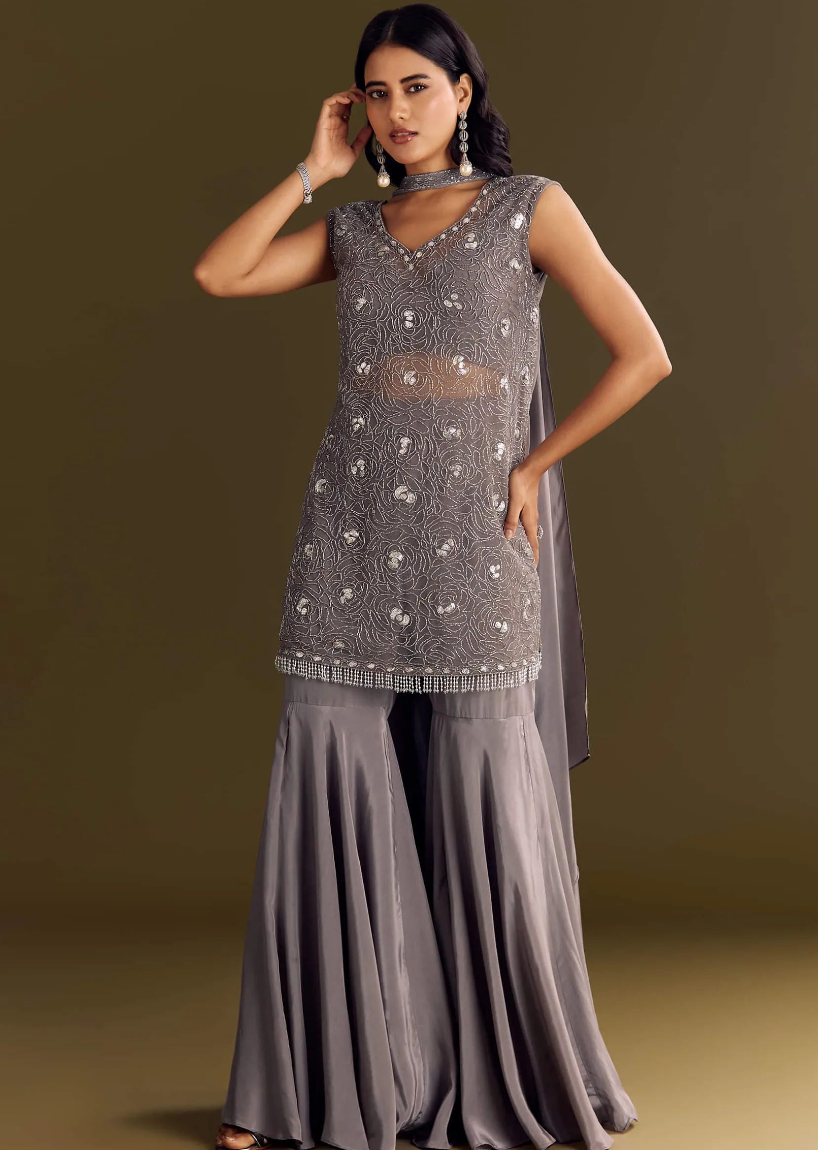 Grey Crepe Kurta Sharara With Net Choker Dupatta