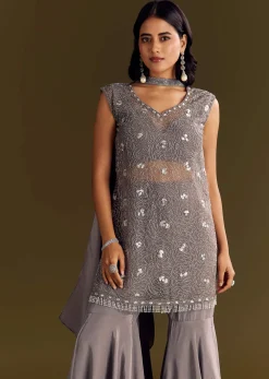 Grey Crepe Kurta Sharara With Net Choker Dupatta